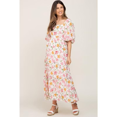 Pinkblush White Floral Puff Sleeve Maternity Maxi Dress Small | Target