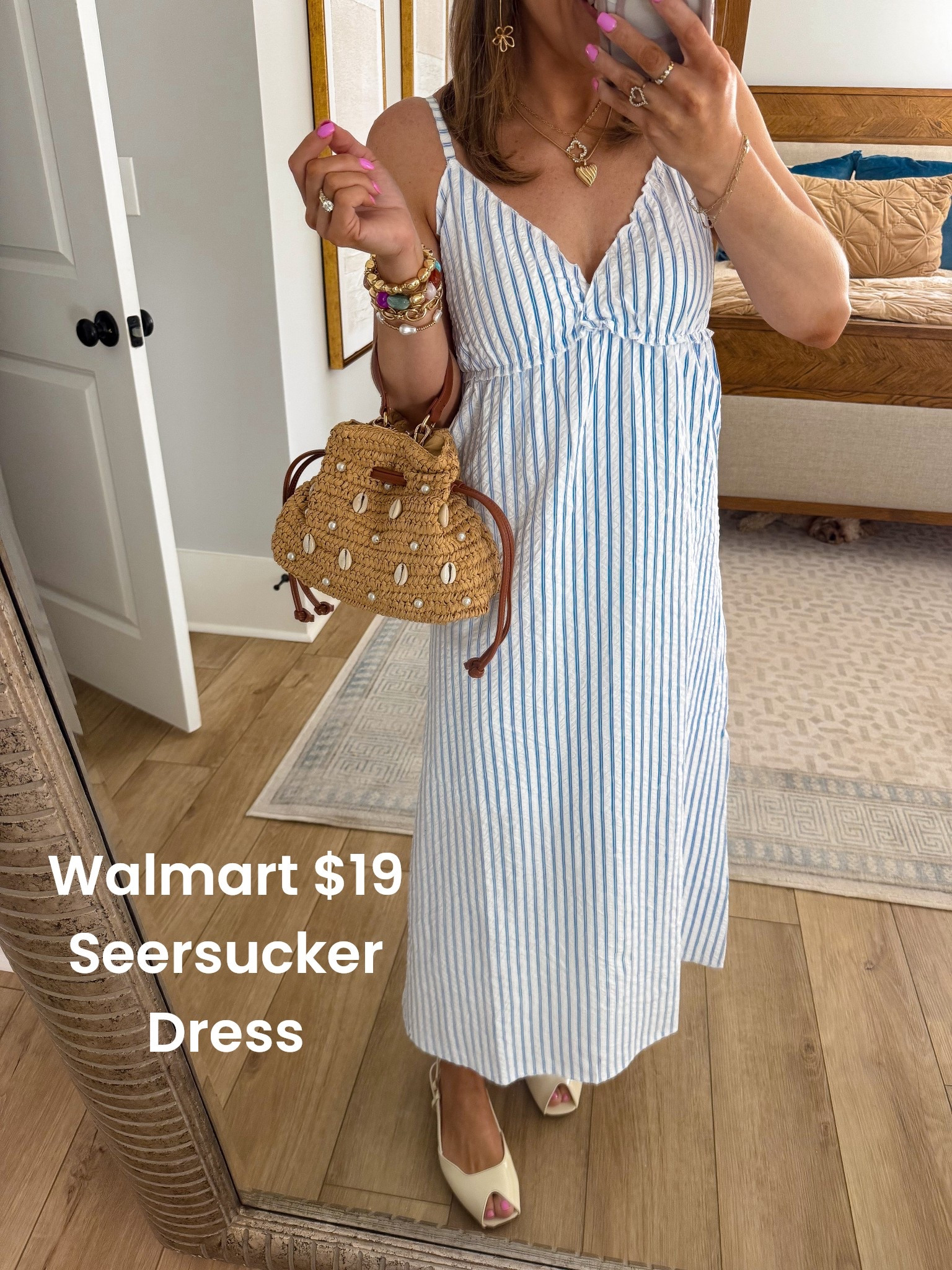 This striped Walmart midi dress is giving coastal summer energy 🌊☀️ Lightweight, breezy, and so flattering with the relaxed fit and subtle v-neck detail.

Styled it with neutral peep toe heels and the cutest woven shell bag for that beachy, vacation-ready look. Perfect for spring events, brunch, or a warm weather date night.

Affordable spring midi dresses from Walmart are SO good right now.

#WalmartFinds #StripedDress #SpringStyle #CoastalVibes #AffordableChic #WomensDresses #LTKFinds