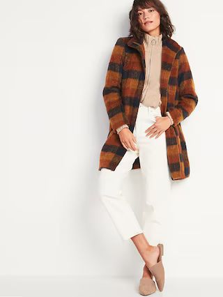 Oversized Soft-Brushed Plaid Funnel-Neck Coat for Women | Old Navy (US)