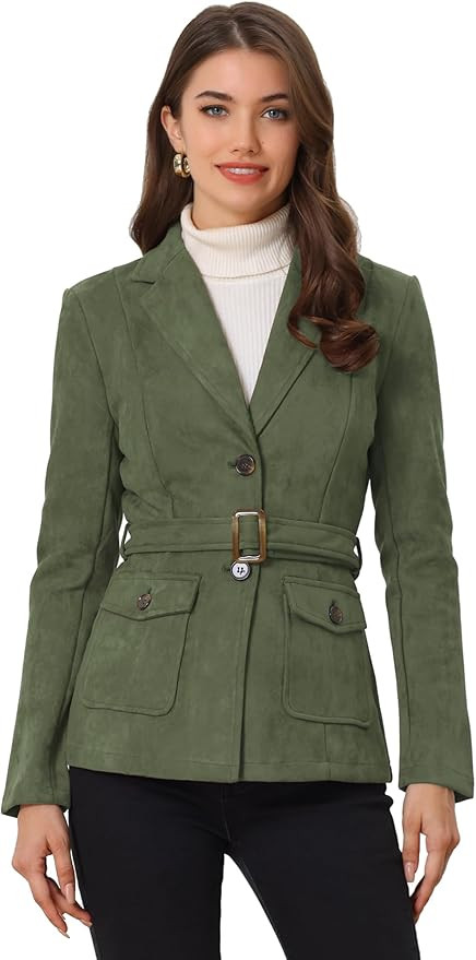 Allegra K Women's Faux Suede Blazer Belted Lapel Outwear Single Breasted Work Jacket | Amazon (US)
