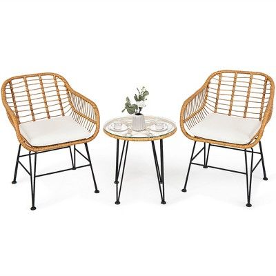 Costway 3PCS Patio Rattan Bistro Furniture Set Cushioned Chair Table | Target