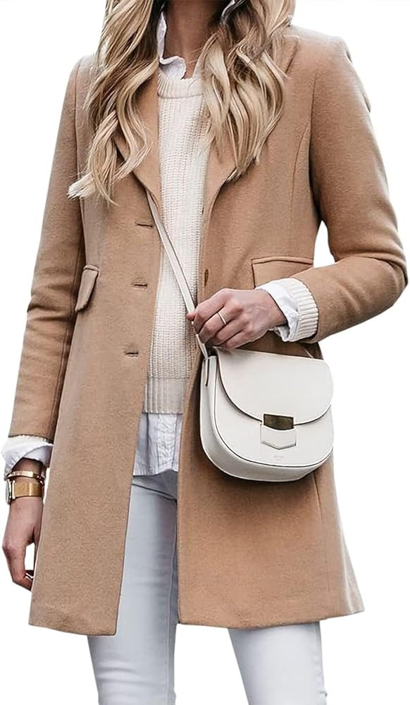 FSHAOES Women Lapel Collar Long Pea Coat Open Front Button Down Slim Solid Casual Overcoat Long S... | Amazon (US)