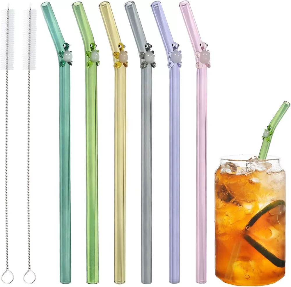 6 Pcs Glass Straws Shatter Resistant,Cute Green Turtle on Clear Straws With  Design 7.9in X 8mm Reusable Bent Drinking Straws with 2 Cleaning Brushes