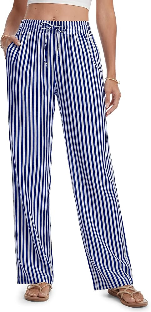 SEVEGO Tall Women 32"/34"/36" Inseam Striped Linen Pants Elastic Waist Wide Leg Pants Casual Summ... | Amazon (US)