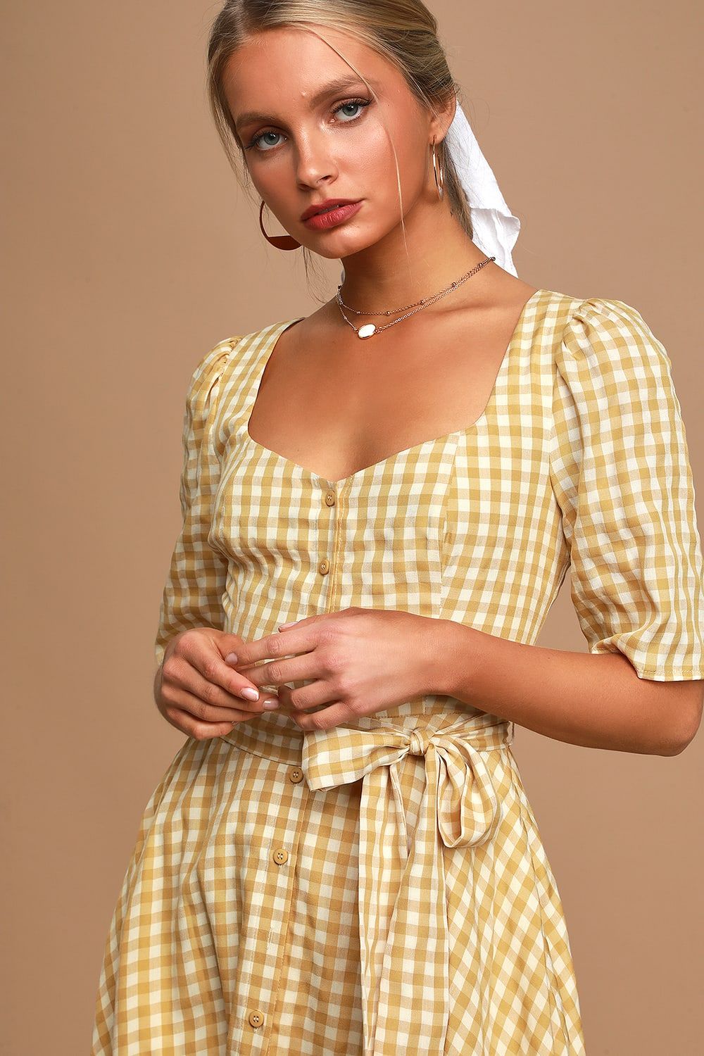 Sweet Little Thing Mustard Yellow Gingham Button-Up Midi Dress | Lulus (US)