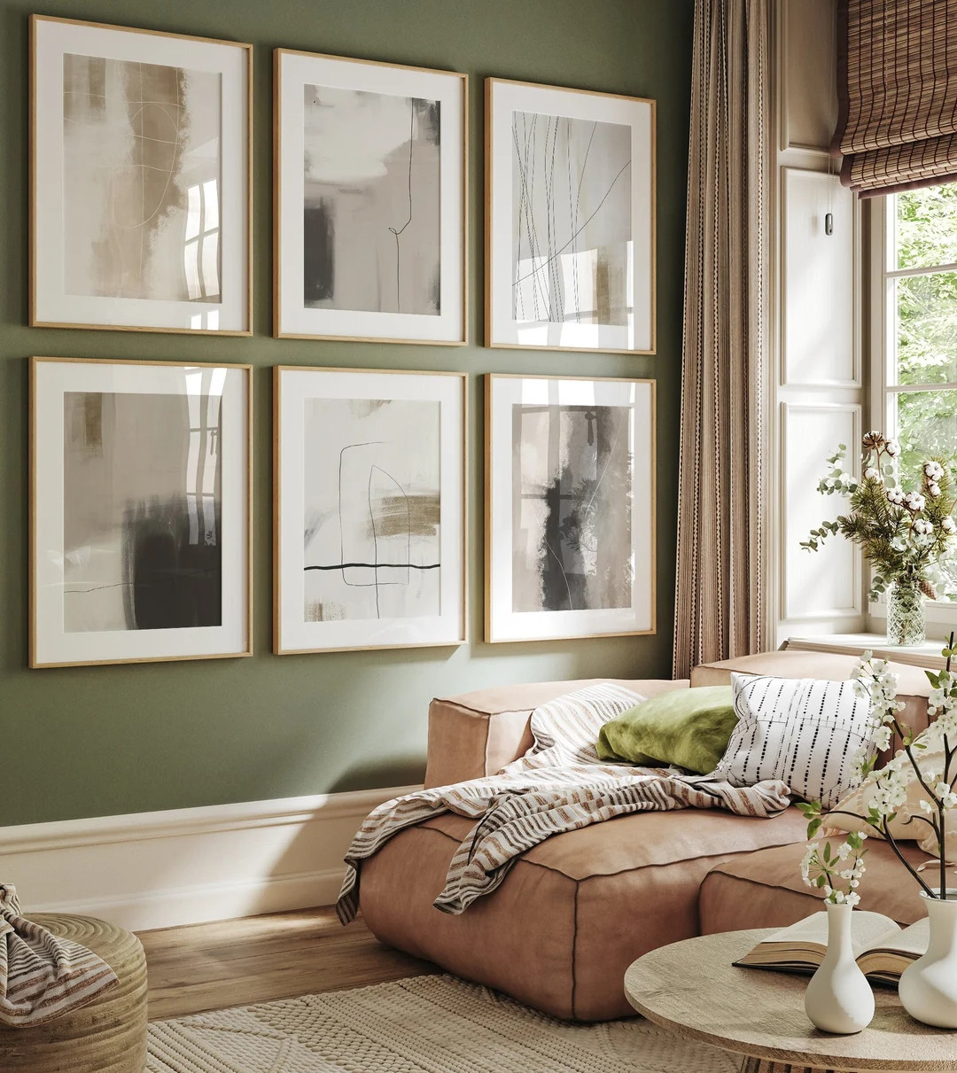 Neutral Gallery Wall Art Set of 6 Abstract Prints, Beige Black White Abstract Minimalist Brush St... | Etsy (US)