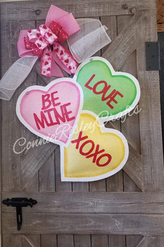 Valentine's Day Candy Hearts Burlap Door Hanger Decoration, Valentine Wreath | Etsy (US)