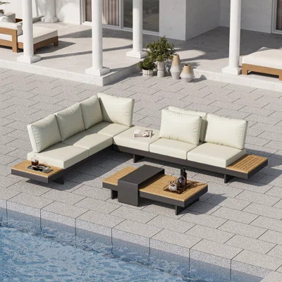 4-Piece L-Shaped Modular Outdoor Sectional Sofa Set Patio Furniture Set with Coffee Table Patio Sofa Teak & Aluminum | Wayfair North America