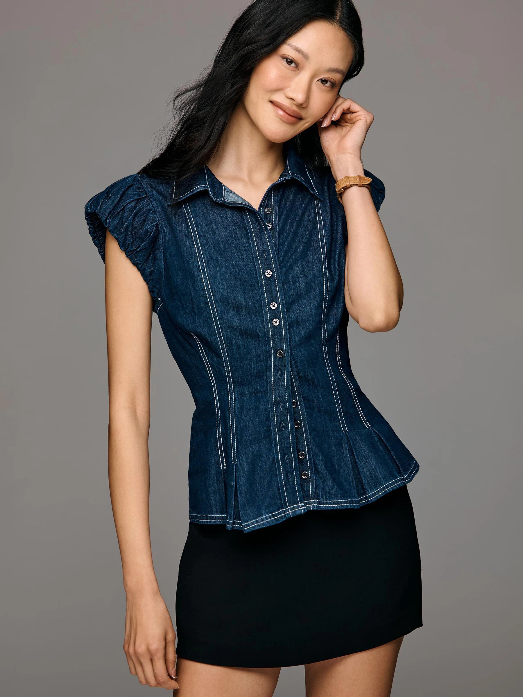 Anthropologie Anthropologie Pilcro Puff Sleeve Blue Denim Top | Next US