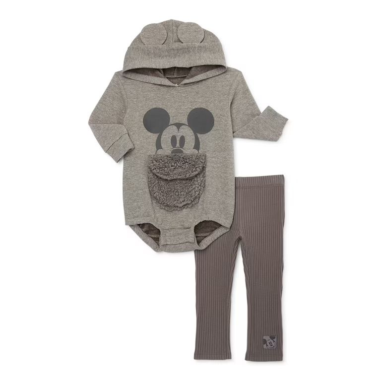 Disney Mickey Mouse Newborn Baby Boys Hooded Bodysuit and Pants, 2-Piece Outfit Set, Sizes 0/3 Mo... | Walmart (US)