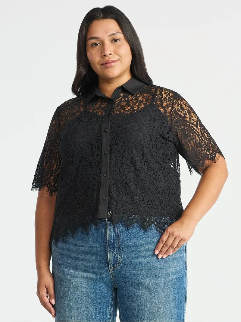 Time and Tru Women's Button Up Lace Blouse with Short Sleeves, Sizes XS-XXXL | Walmart (US)