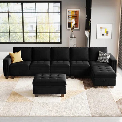 Shavera 6 - Piece 130.6'' Wide Upholstered Sectional Modular Sofa Velvet Large L Shaped Tufted Couch with Storage Ottomans | Wayfair North America