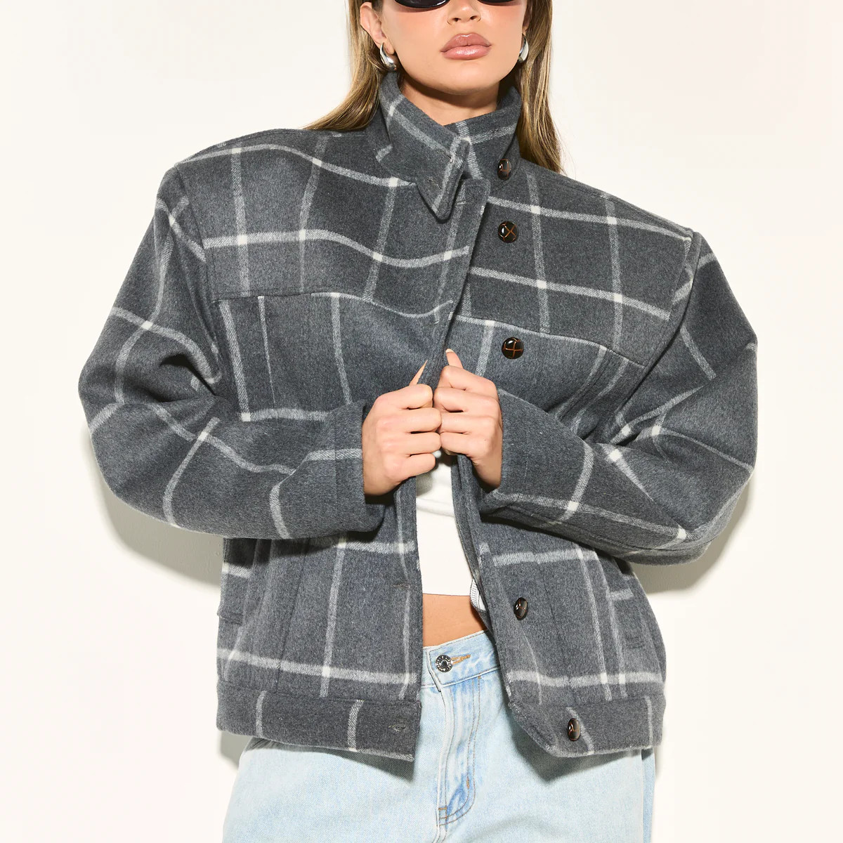 LONIE Grey Check Wool Blend Jacket | Noughts and Kisses