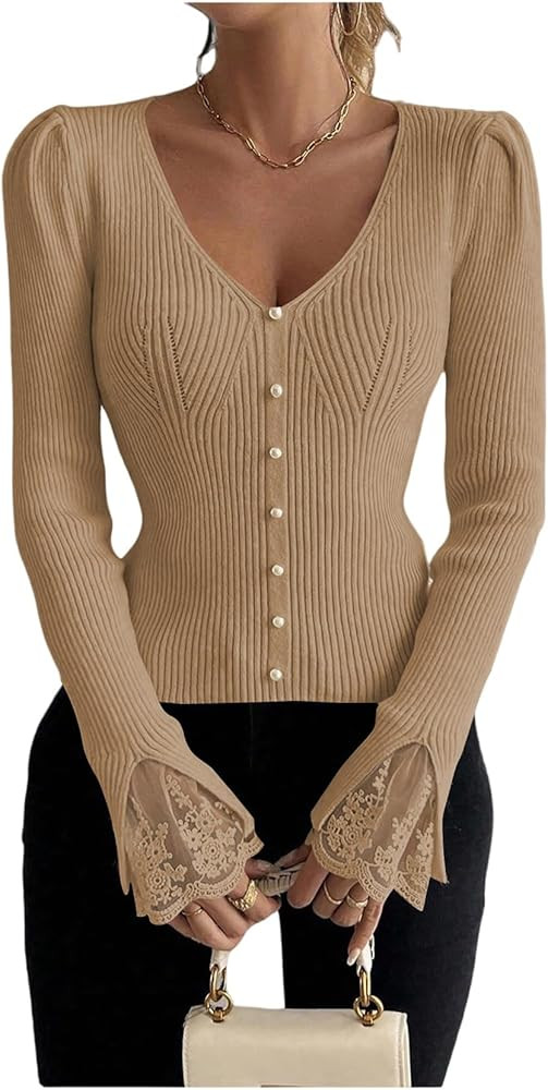 WDIRARA Women's V Neck Lace Long Sleeve Sweater Pearl Beaded Rib Knit Top | Amazon (US)