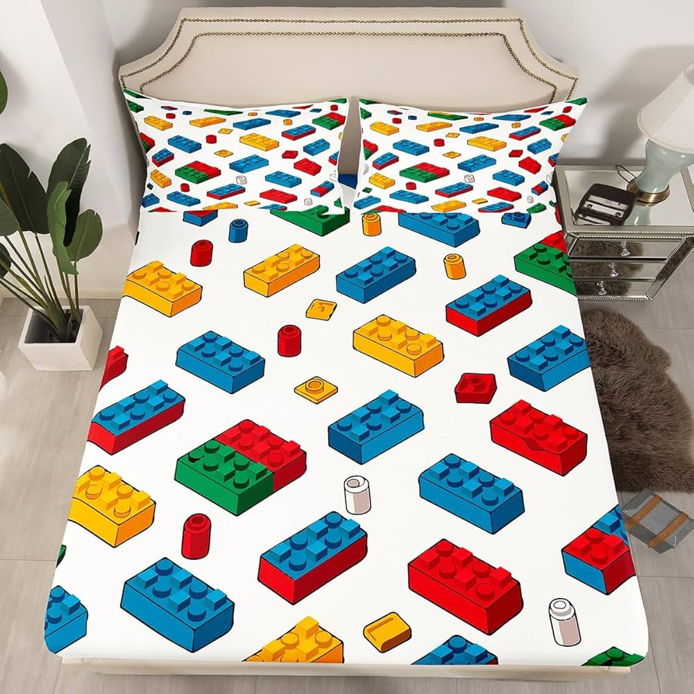 Feelyou Building Blocks Fitted Sheet Twin Size Toy Brick Bedding Set Colorful | Amazon (US)