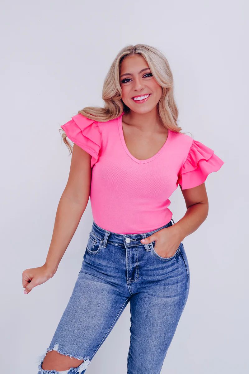 Amore Ruffle Sleeve Bodysuit - Pink | Whiskey Darling Boutique