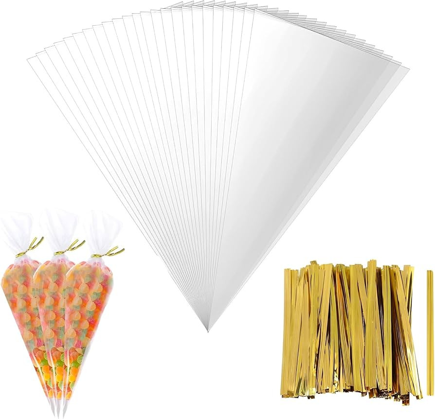 100 Pcs Cone Cellophane Bags, 6x12 Inches Clear Plastic Cone Shaped Treat Bags with 100 Twist Tie... | Amazon (US)
