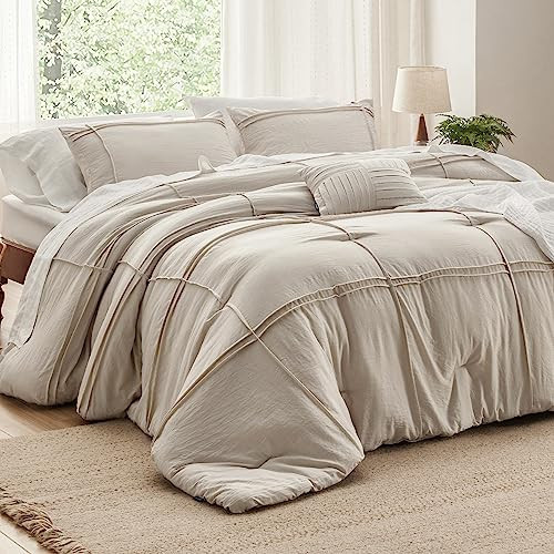 Bedsure King Comforter Set - 4 Pieces Grid Pleat Bed Set, Beige Boho Bedding for All Season, 1 Soft Comforter, 2 Pillowcases, 1 Decorative Pillow | Amazon (US)