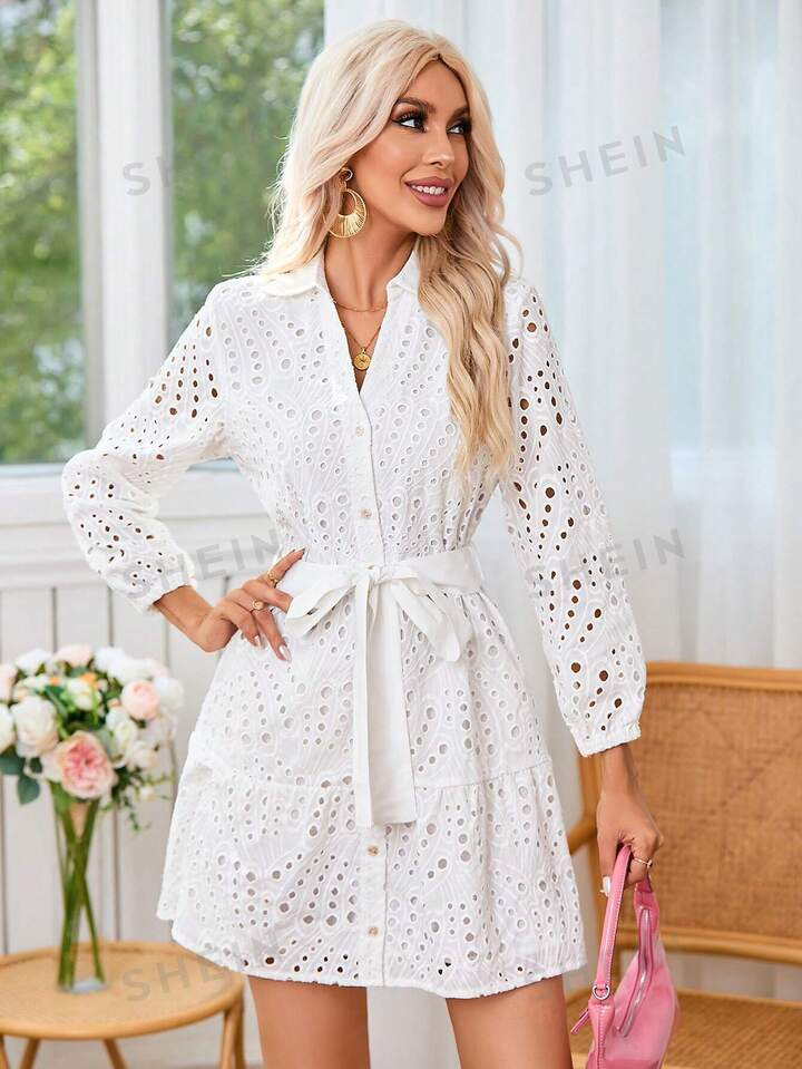 SHEIN Privé Lantern Sleeve Belted Schiffy Dress | SHEIN