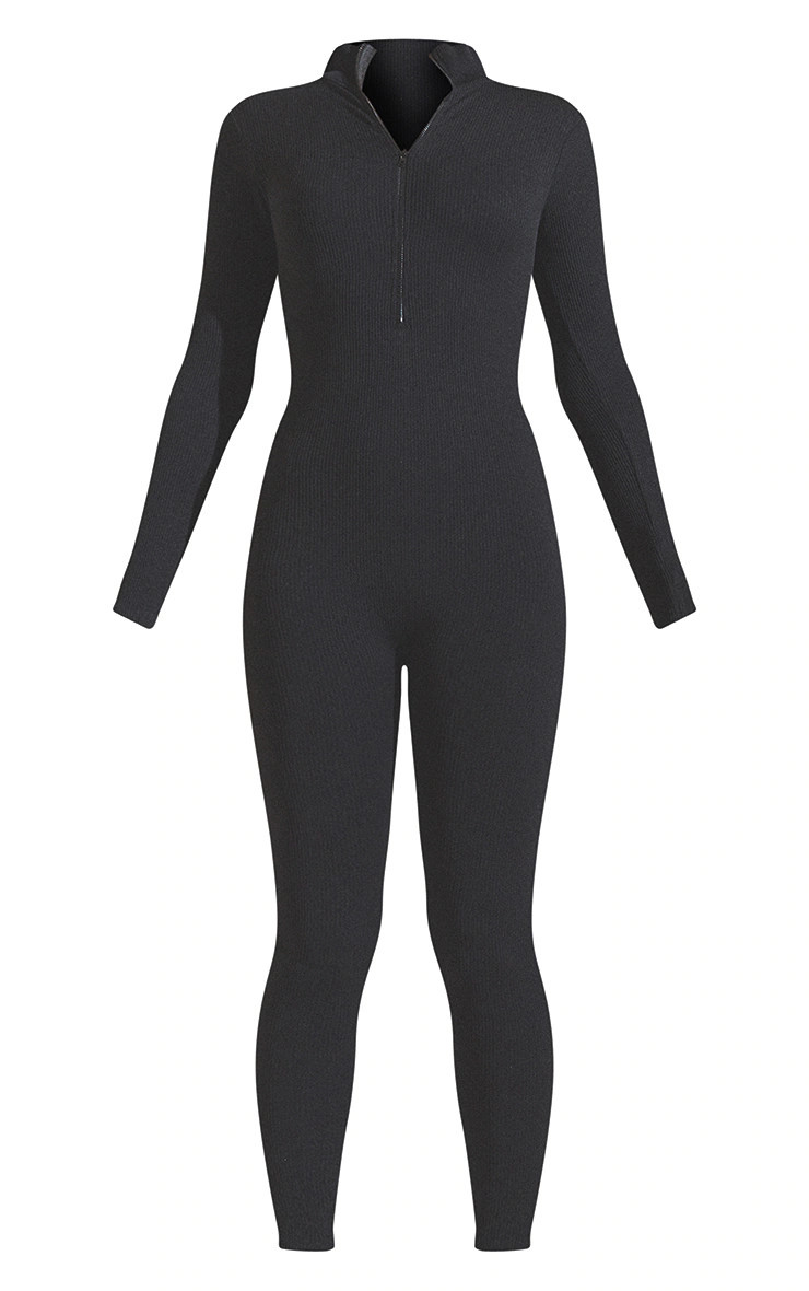 Black Structured Contour Rib Zip Jumpsuit | PrettyLittleThing UK