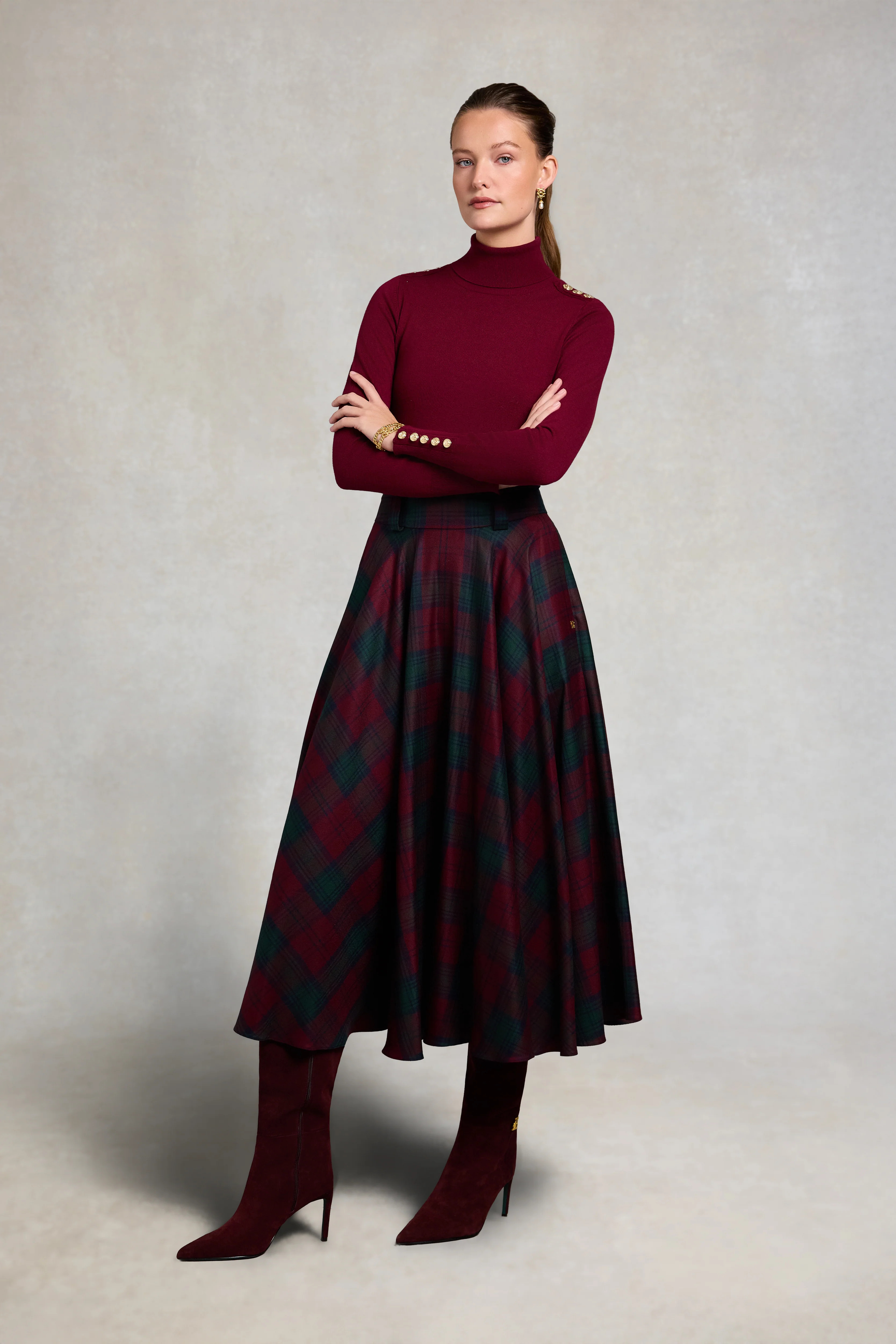 360 Maxi Tweed Circle Skirt (Mulberry Tartan) | Holland Cooper