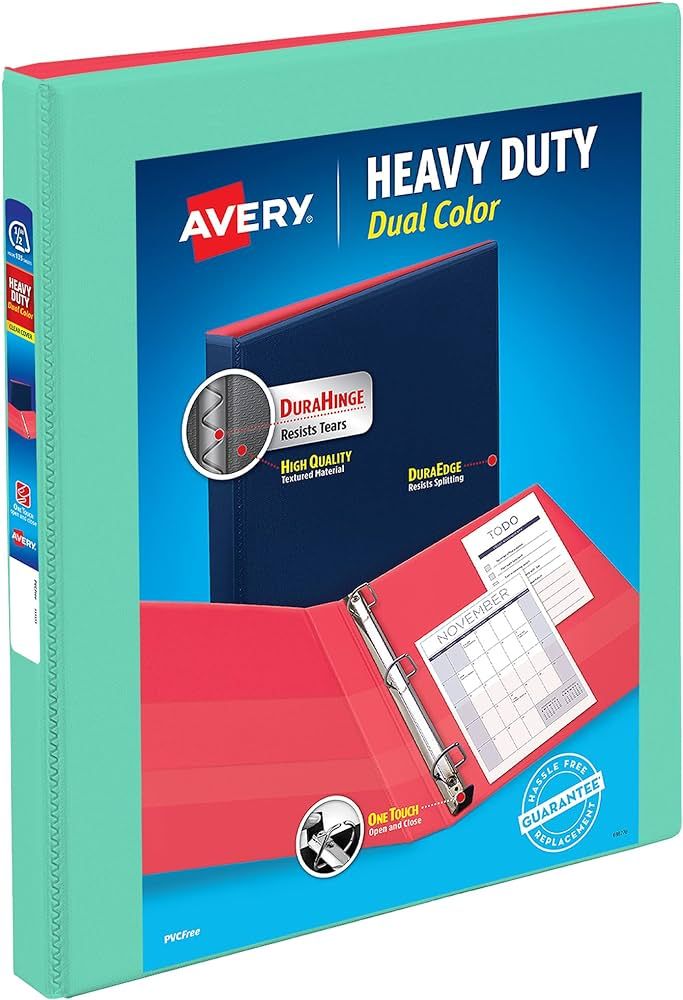 Avery Heavy-Duty Dual Color 3 Ring Binder, 1/2 Inch Slant Rings, Mint/Coral View Binder (17881) | Amazon (US)