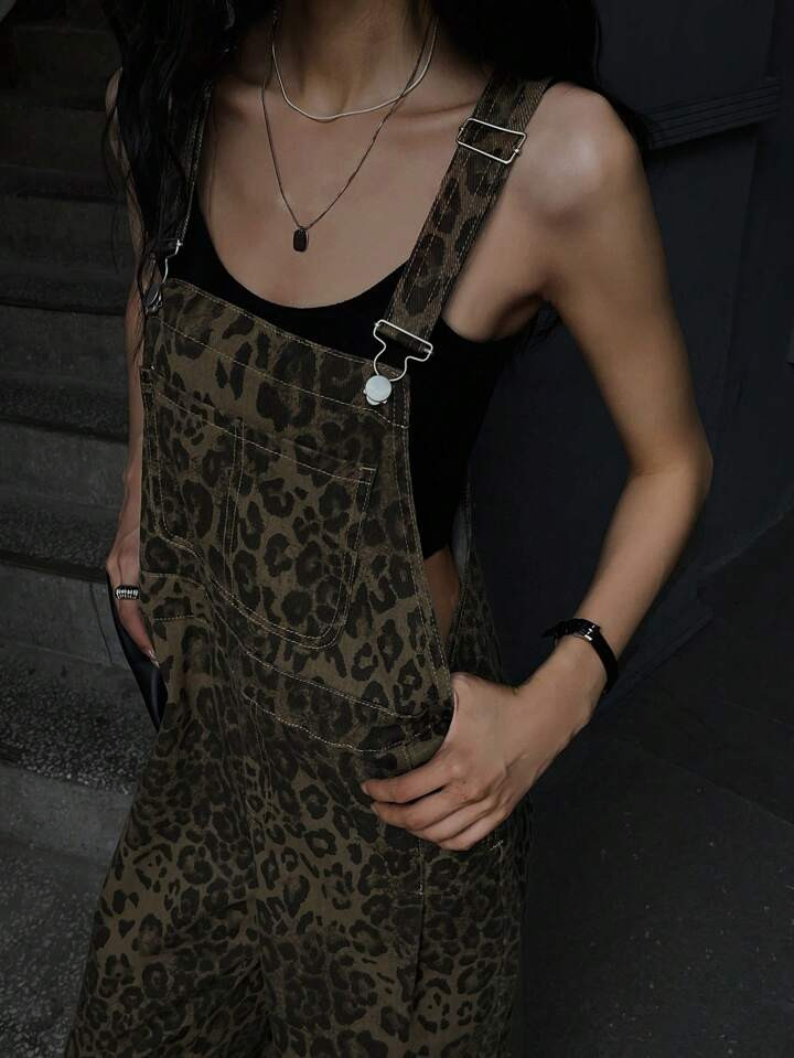 DAZY Leopard Print Denim Overalls Without Tank Top Y2k | SHEIN