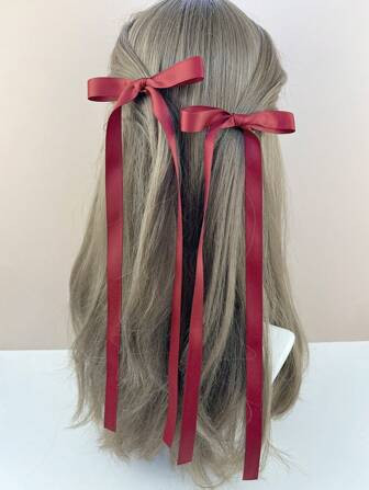Cute 2pcs Simple Wine Red Hair Clips With Bowknot Design And Long Ribbon | SHEIN