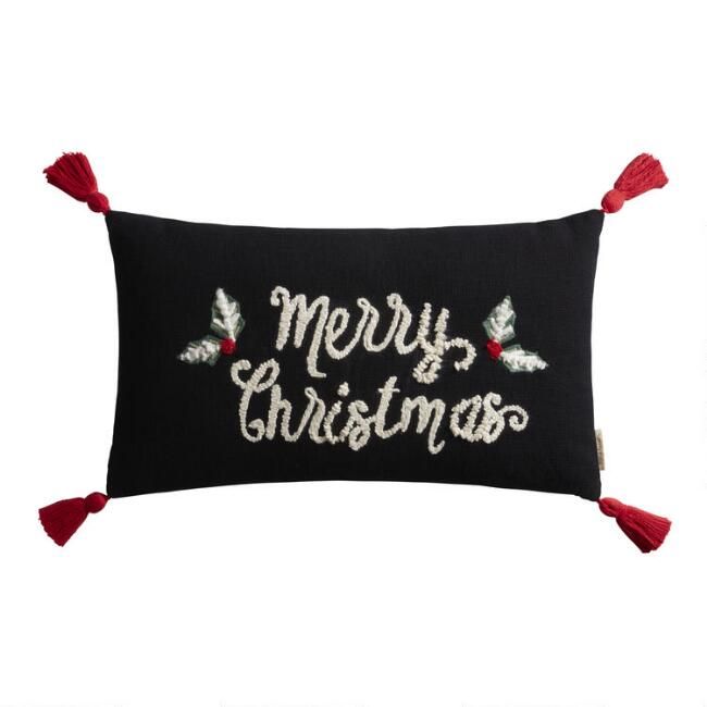 Oversized Black Embroidered Merry Christmas Lumbar Pillow | World Market