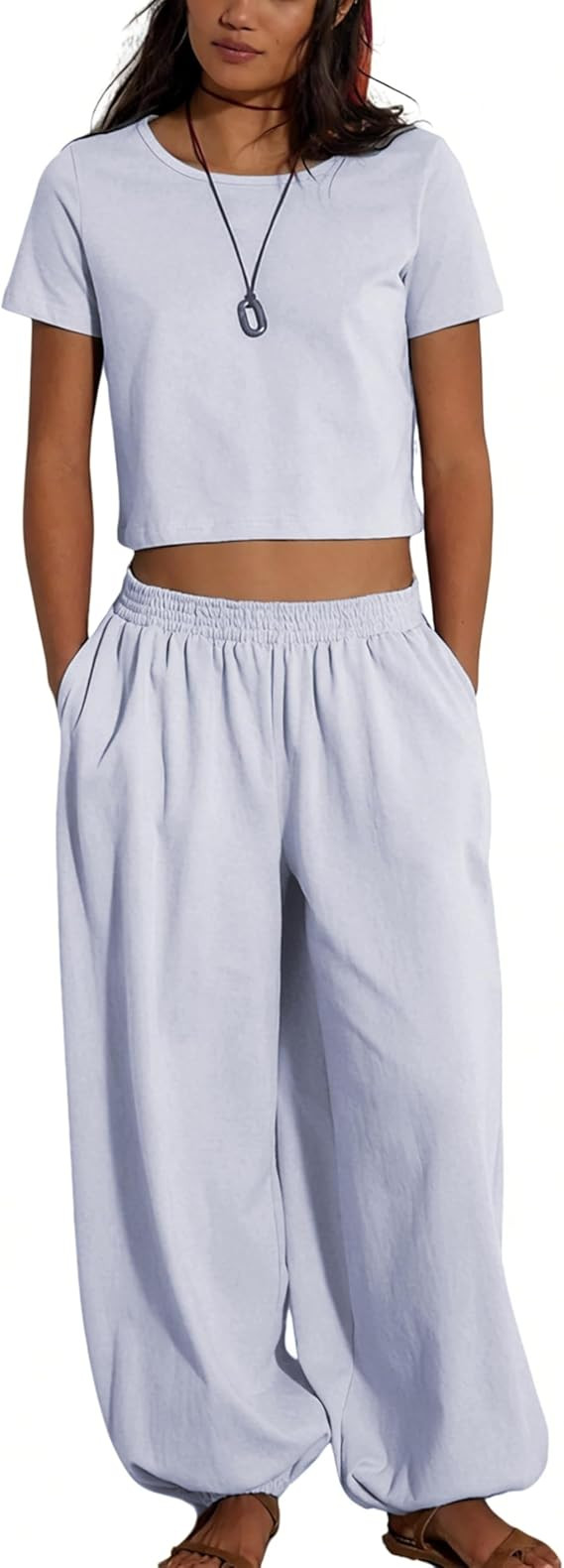 Megfie Women's Two Piece Cotton Sets Short Sleeve Crop Top High-waisted balloon pants Casual Outfits | Amazon (US)