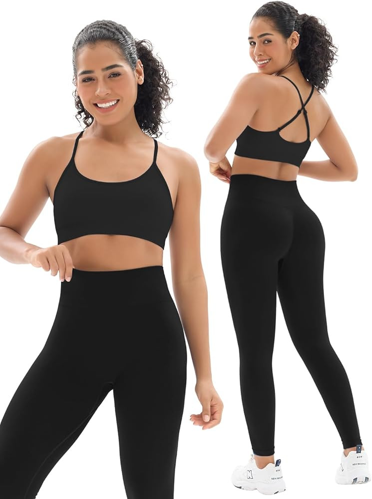 Seamless Workout Sets for Women 2 Piece Adjustable Strappy Sports Bra with High Waisted Butt Lift... | Amazon (US)