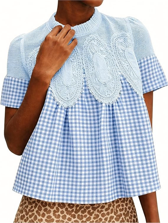 Gozoloma Women's Plaid Lace Short Sleeve Blouse Poplin Mesh Crew Neck Swing Babydoll Tops Casual ... | Amazon (US)