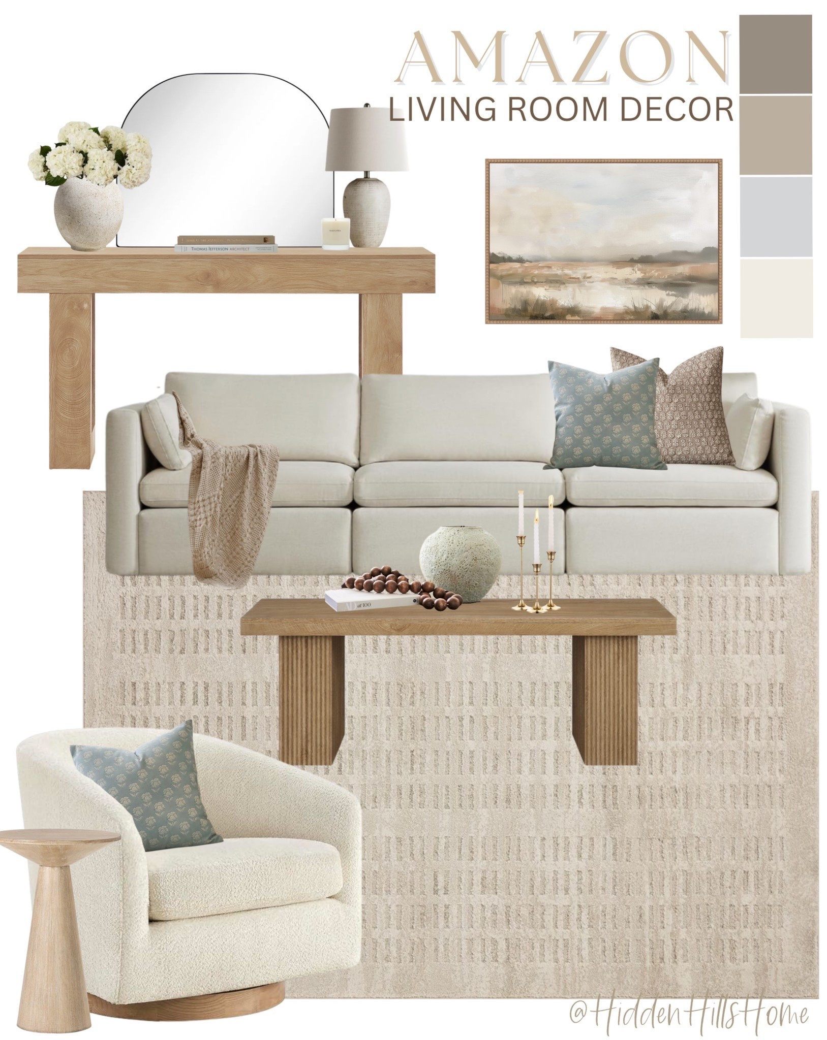 Cozy neutral living room decor mood board with items from Amazon! Amazon living room decor ideas, Amazon living room design, Amazon coffee table, Amazon swivel chair, home decor inspiration, living room rug #livingroom

#LTKHome #LTKSaleAlert #LTKSeasonal