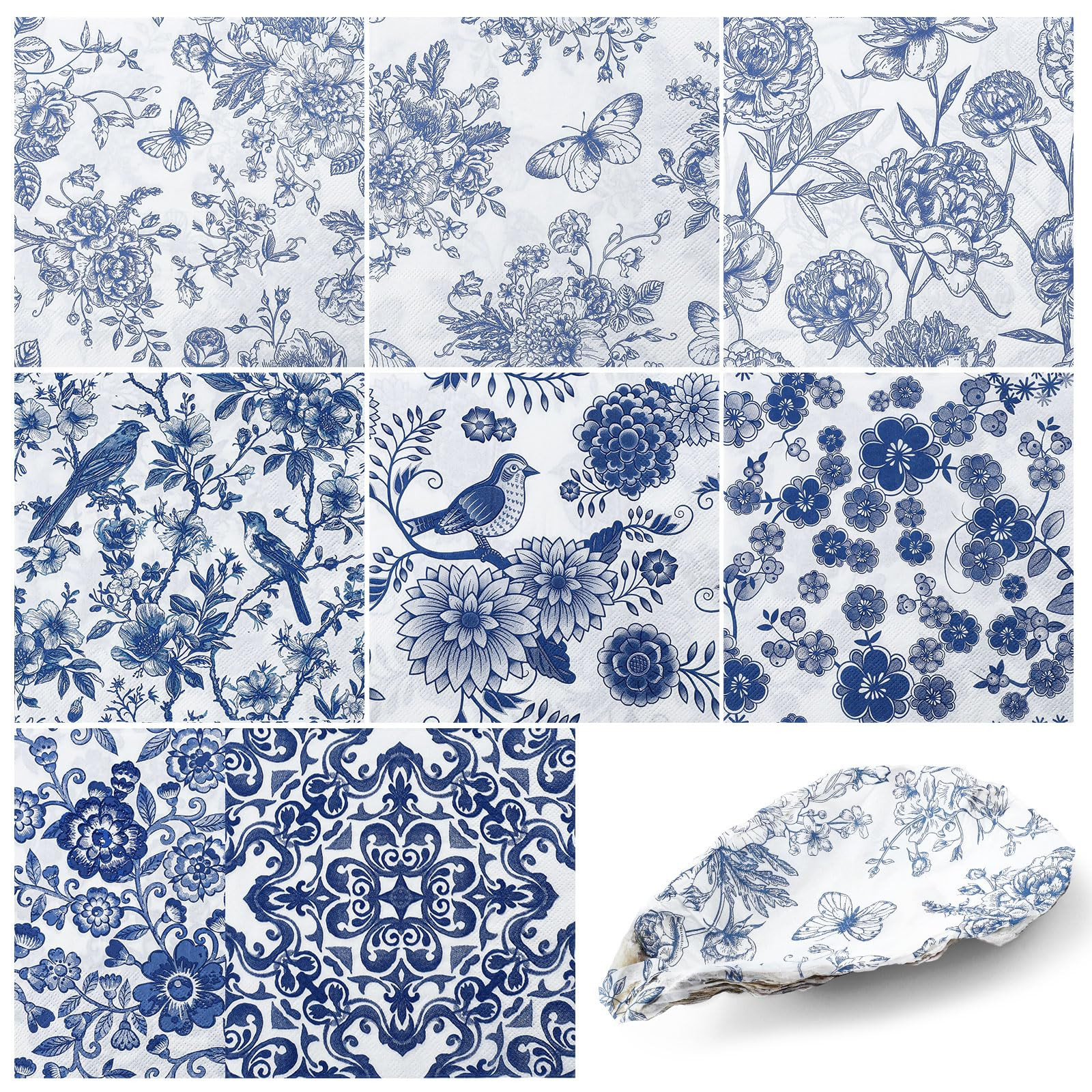 16 Pcs 8 Styles Decoupage Napkins, Blue and White Floral Paper Napkins Chinoiserie Decorative Coc... | Amazon (US)