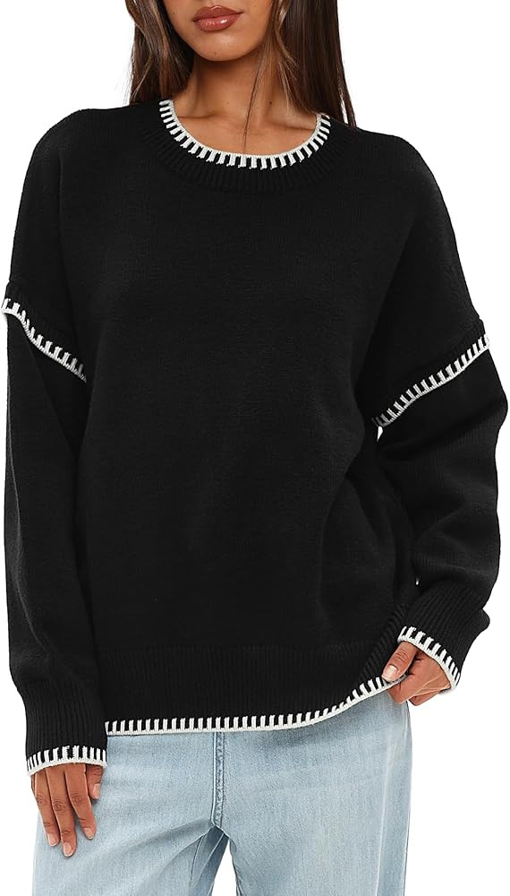 Darong Women's Casual Long Sleeve Crew Neck Pullover Sweater 2024 Fall Knit Loose Contrast Color ... | Amazon (US)