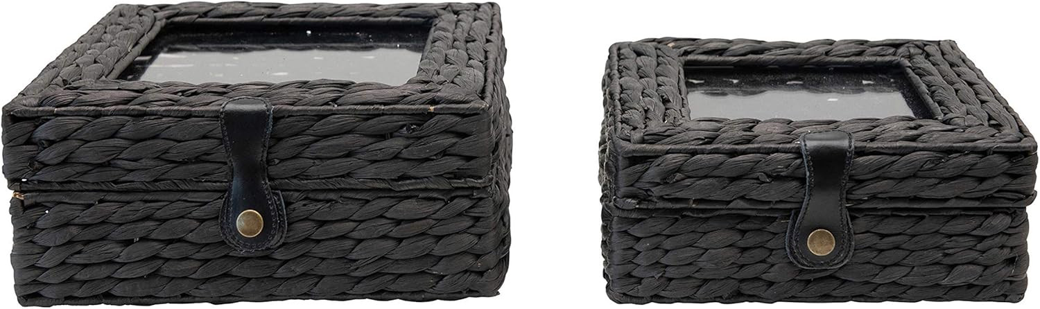 Creative Co-Op Hand-Woven Seagrass & Glass Display Box with Lid & Leather Closure, Black, Set of ... | Amazon (US)