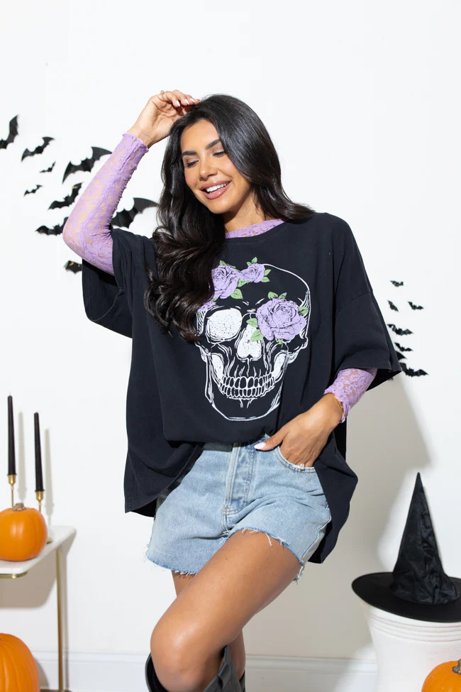 Floral Skull Black Hyfve Oversized Graphic Tee | Pink Lily