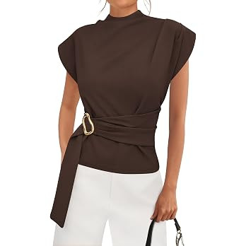 PRETTYGARDEN Women Blouses Summer Business Casual Tops,Fall Dressy Cap Sleeve Mock Neck Work Shir... | Amazon (US)
