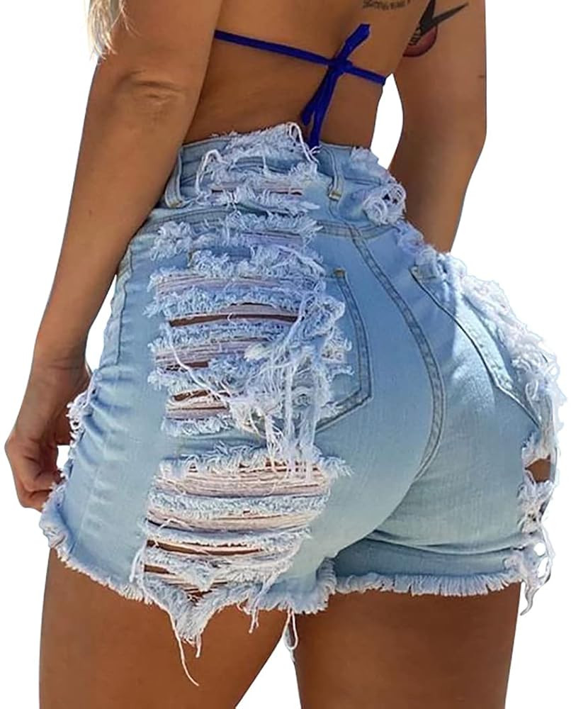 GOBLES Women's Sexy Summer Mid Waist Ripped Jean Shorts Frayed Hem Denim Shorts | Amazon (US)