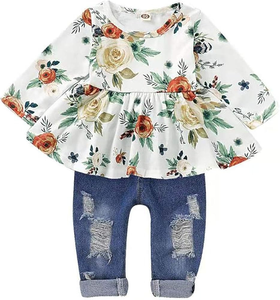 CARETOO Girls Clothes Outfits, Cute Baby Girl Floral Long Sleeve Pant Set Flower Ruffle Top | Amazon (US)