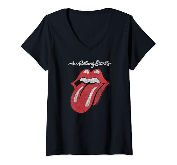 Womens Rolling Stones Official Script Tongue V-Neck T-Shirt | Amazon (US)