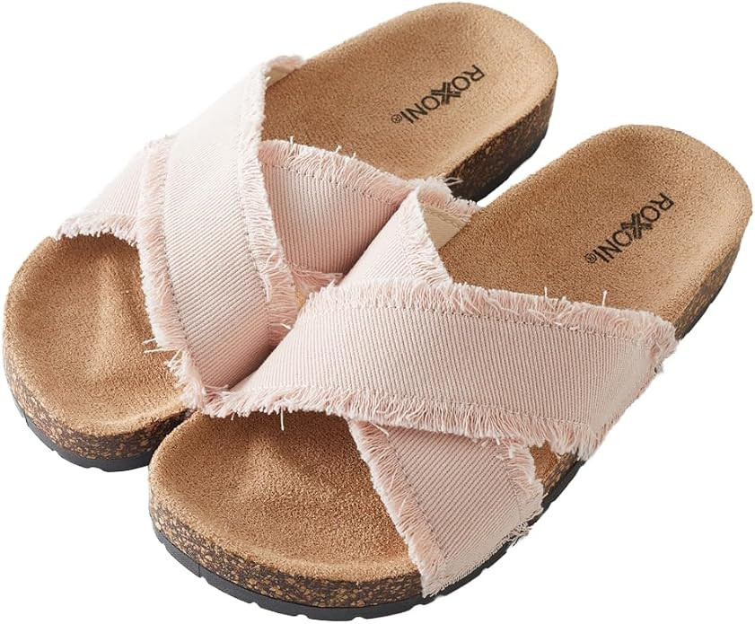 Roxoni Women’s Cross Strap Slide Sandals Denim Open Toe Comfort Slippers Cork Footbed Casual Su... | Amazon (US)