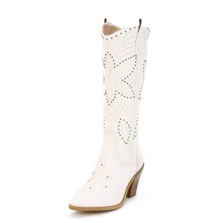 Ferwind Women's Knee-High Cowboy Western Boots Stich and Studded Patterns Female Adult Off White ... | Walmart (US)