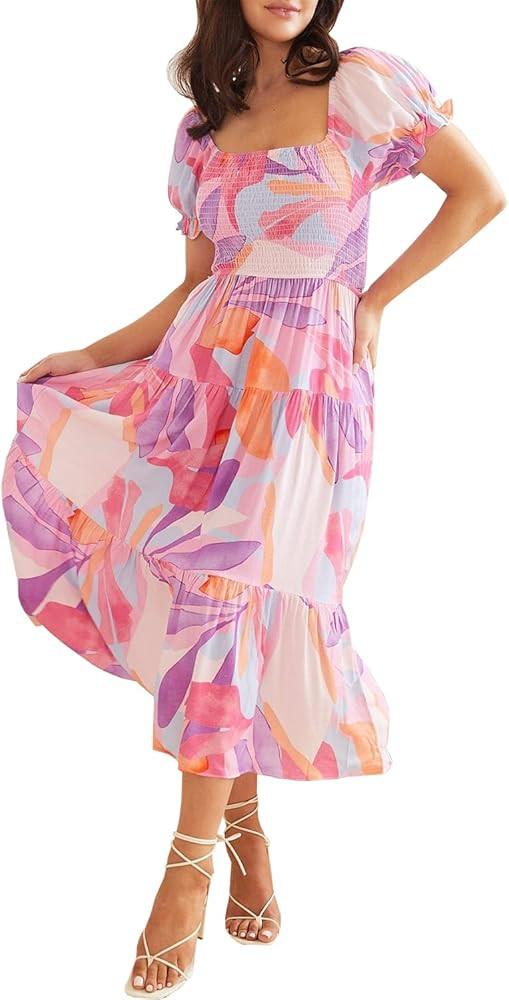 Sissyaki Women's Summer Boho Floral Print Midi Dress Square Neck Tiered Flowy Beach Long Dress | Amazon (US)