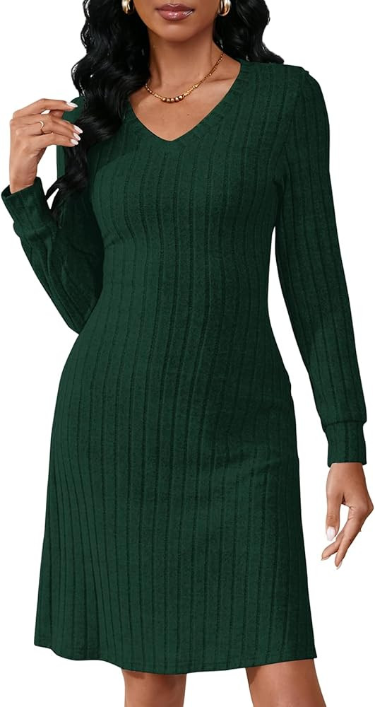 PerZeal Women's Casual V Neck Long Sleeve Knit 2025 Trendy Fall Dresses Solid Color A Line Midi D... | Amazon (US)