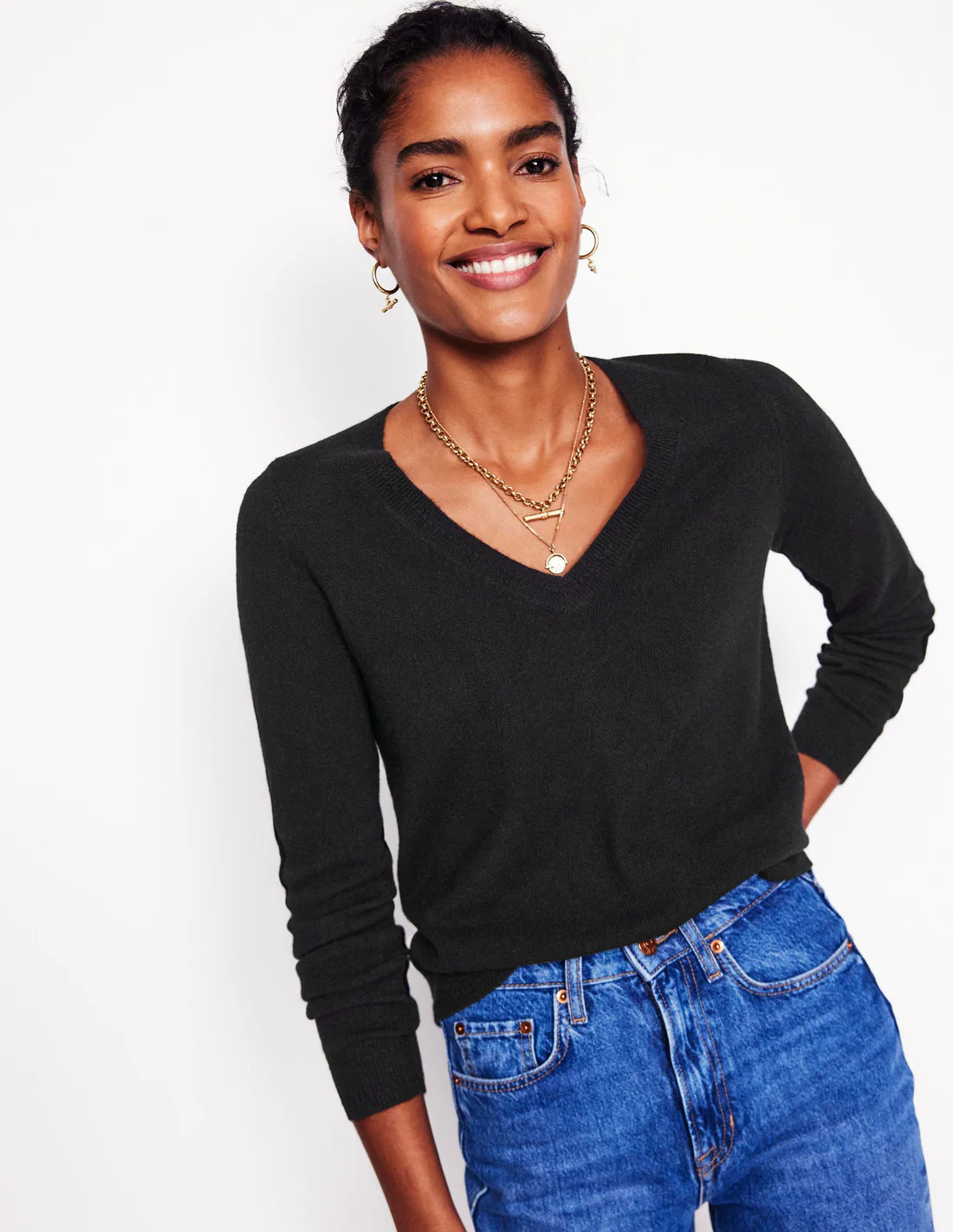Eva Cashmere V-Neck Jumper-Black | Boden UK