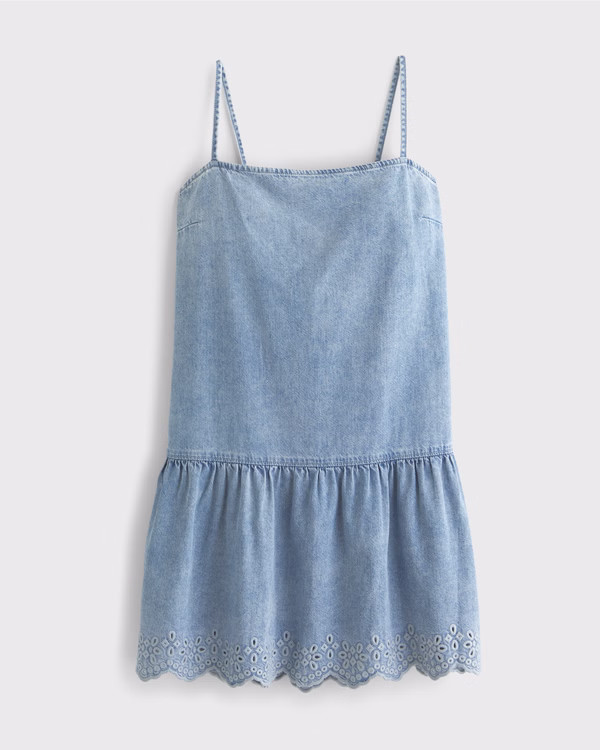 Drop-Waist Embroidered Denim Mini Dress | Abercrombie & Fitch (US)
