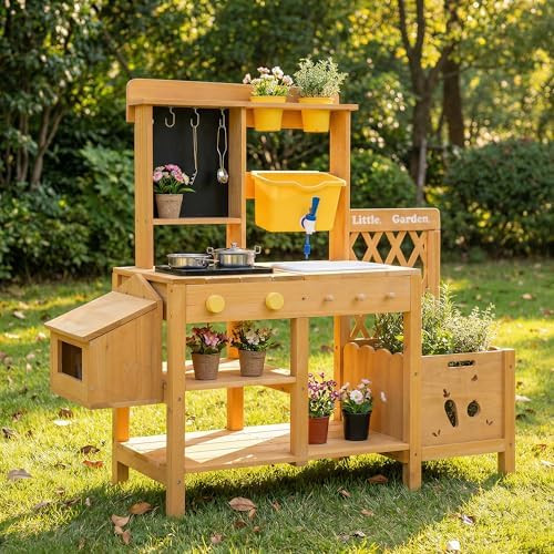 Wooden Mud Kitchen for Kids, Outdoor Play Kitchen with Real Running Water Sink, Mud Table, Gravit... | Amazon (US)