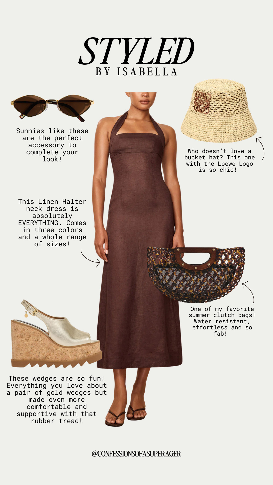 This linen halter neck maxi dress is absolutely everything for your summer wardrobe! The rich chocolate brown hue and classic halter silhouette create an effortlessly elegant base that is perfect for a resort vacation, weekend brunch, or a sophisticated beach sunset dinner. To lean into that casual luxury aesthetic, I styled this linen dress with a chic straw bucket hat featuring the iconic Loewe logo and a unique woven tortoiseshell clutch bag that is water-resistant and totally fab. I finished the look with an amazing pair of comfortable gold metallic wedges with a supportive rubber tread and sleek gold-trimmed sunglasses.

#LTKootd #LTKOver40 #LTKSaleAlert