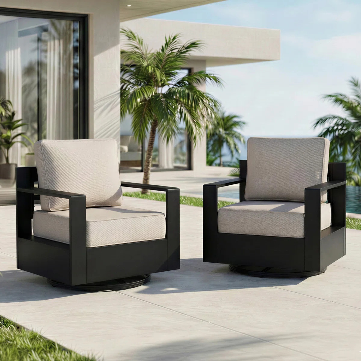 Modern Outdoor Aluminum 2-piece Swivel Armchair Set with Durable All-weather 6 Inch Thick Beige C... | Wayfair North America